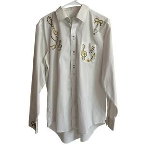 Nancy Ellis Women's Embroidered Button Down Top Size XL Music Notes Treble Clef